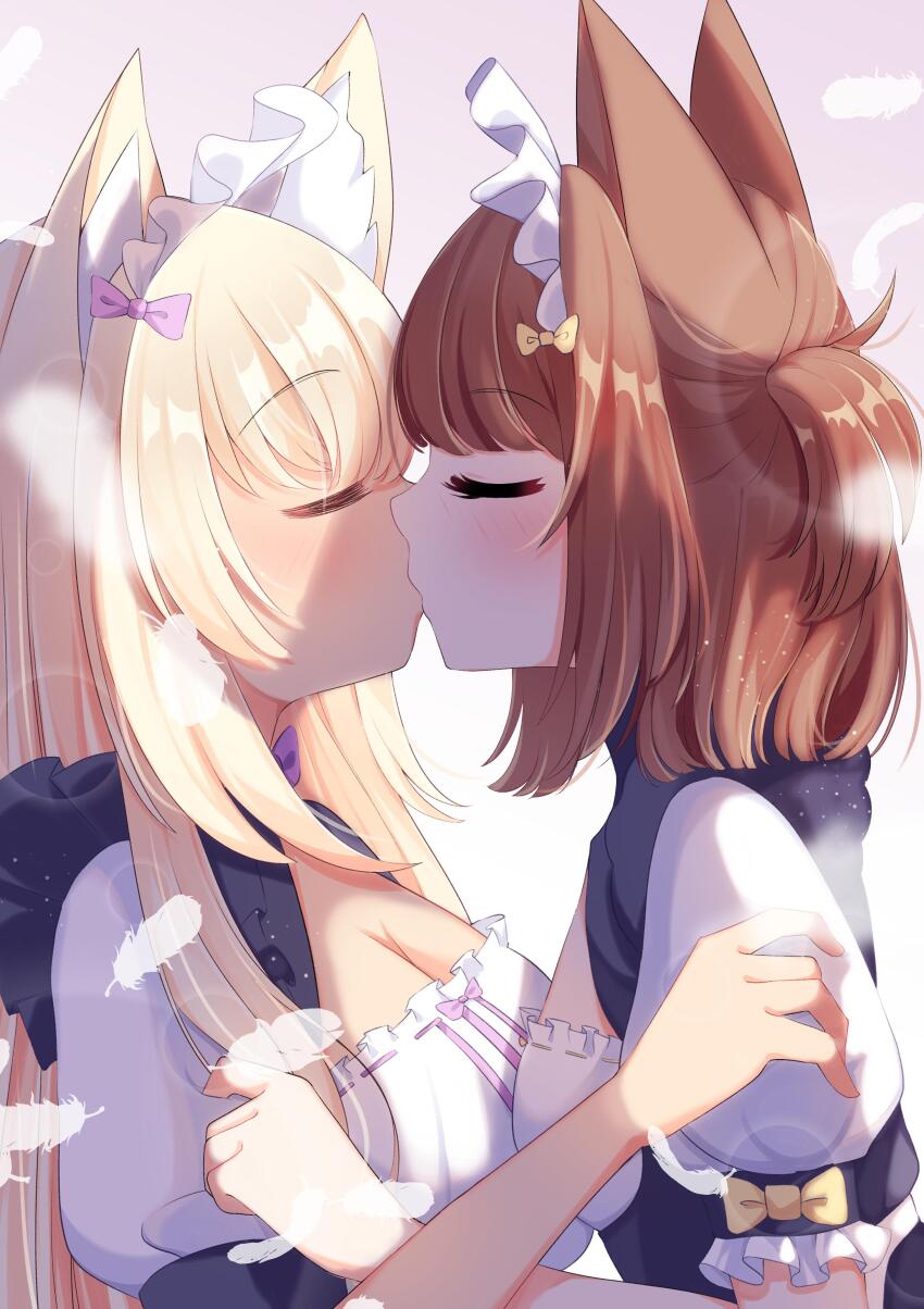 absurdres animal_ears azuki_(nekopara) blonde_hair blush breasts brown_hair cat_ears cat_girl closed_eyes coconut_(nekopara) highres kiss maid nekopara short_hair yuri