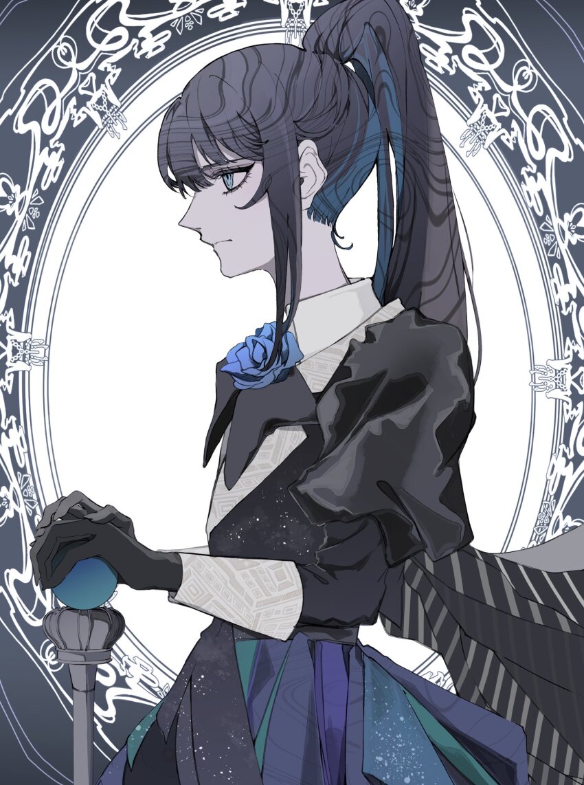 1girl ado_(utaite) black_bow black_bowtie black_dress black_gloves black_hair black_nails blue_eyes blue_flower blue_hair blue_nails blue_rose bow bowtie chando_(ado) closed_mouth colored_inner_hair dress flower flower_brooch gloves highres juliet_sleeves long_sleeves multicolored_hair nail_polish official_art orihara_(ewkkyorhr) ponytail puffy_sleeves rose solo utaite