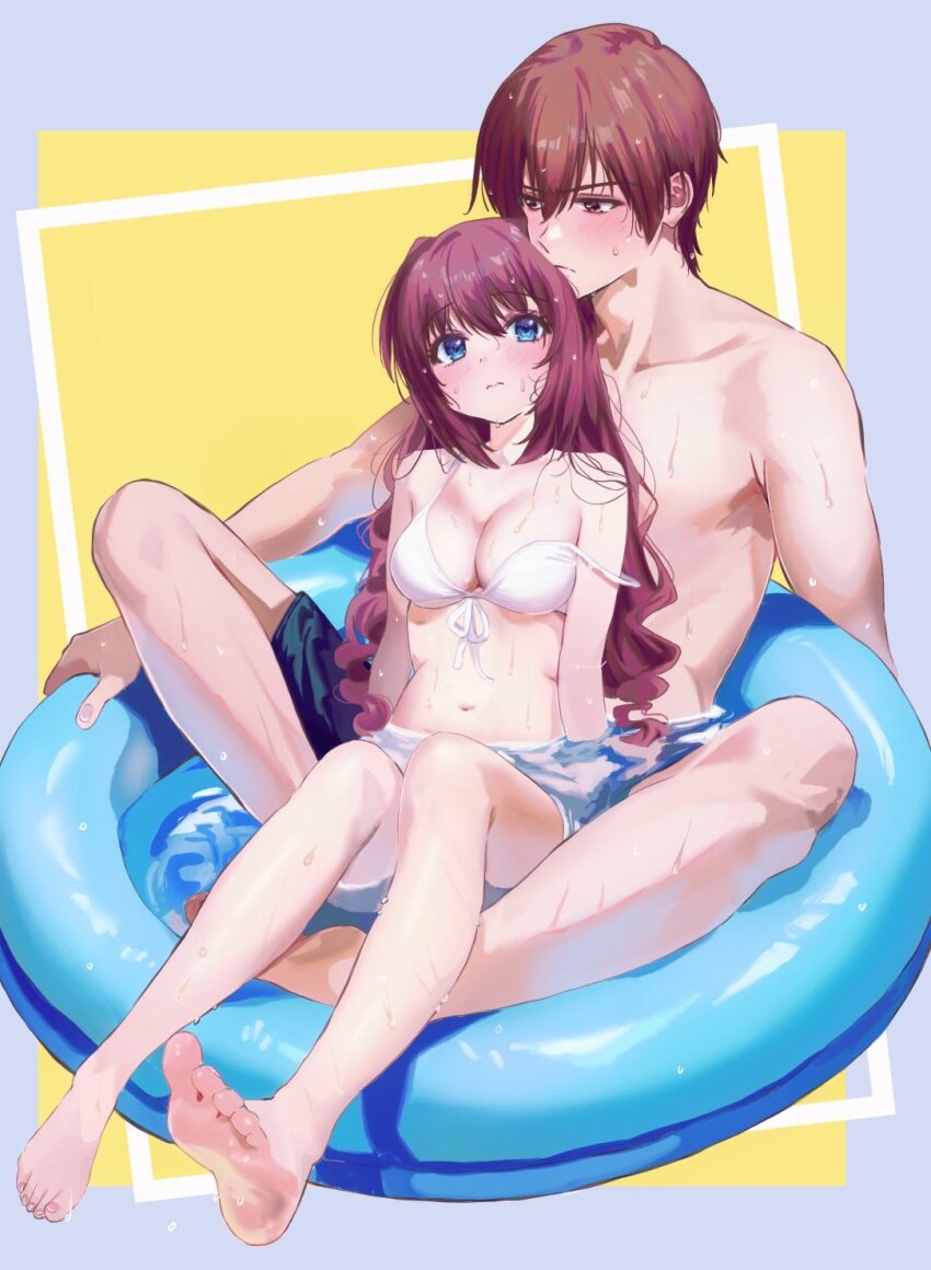 &gt;:( 1boy 1girl 3: a-chan_(little_busters!) barefoot between_legs bikini blue_eyes blue_innertube blush breasts brown_eyes brown_hair cleavage closed_mouth collarbone commentary_request couple curvy embarrassed eyelashes feet front-tie_bikini_top front-tie_top full_body grey_background hair_between_eyes heads_together hetero highres indian_style knees_up large_breasts little_busters! long_hair looking_at_another looking_to_the_side male_swimwear miiizuno_lbs natsume_kyousuke navel simple_background sitting soles split_mouth strap_slip swim_ring swim_trunks swimsuit toenails toes tsurime two-tone_background v-shaped_eyebrows very_long_hair water wavy_hair wet wet_hair white_bikini yellow_background