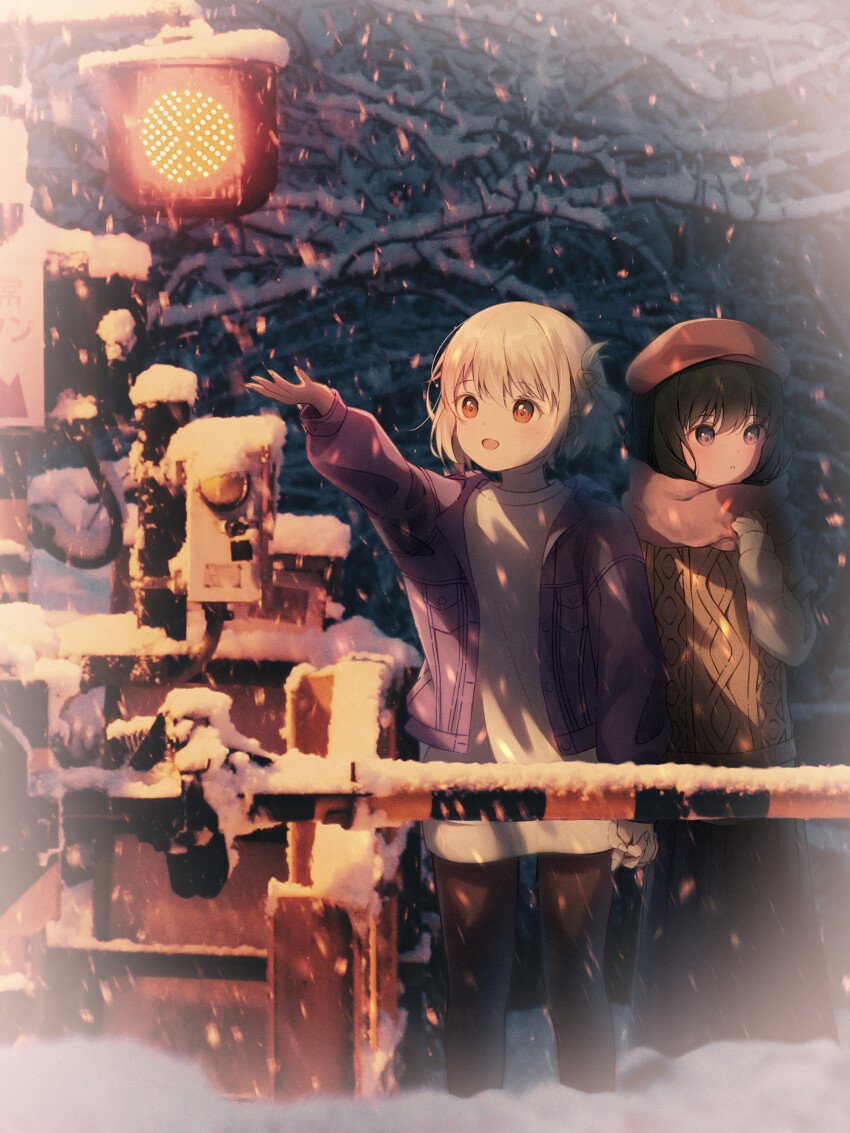 2girls absurdres aran_sweater awomomiji black_hair black_pantyhose black_skirt blonde_hair branch brown_sweater cable_knit dusk hand_up hat highres holding_hands inoue_takina jacket long_skirt long_sleeves looking_to_the_side lycoris_recoil multiple_girls nishikigi_chisato open_mouth outdoors outstretched_hand pantyhose parted_lips pink_scarf purple_eyes purple_jacket railroad_crossing red_eyes red_hat scarf short_hair skirt snow snowing standing sweater traffic_light white_sweater winter winter_clothes yuri