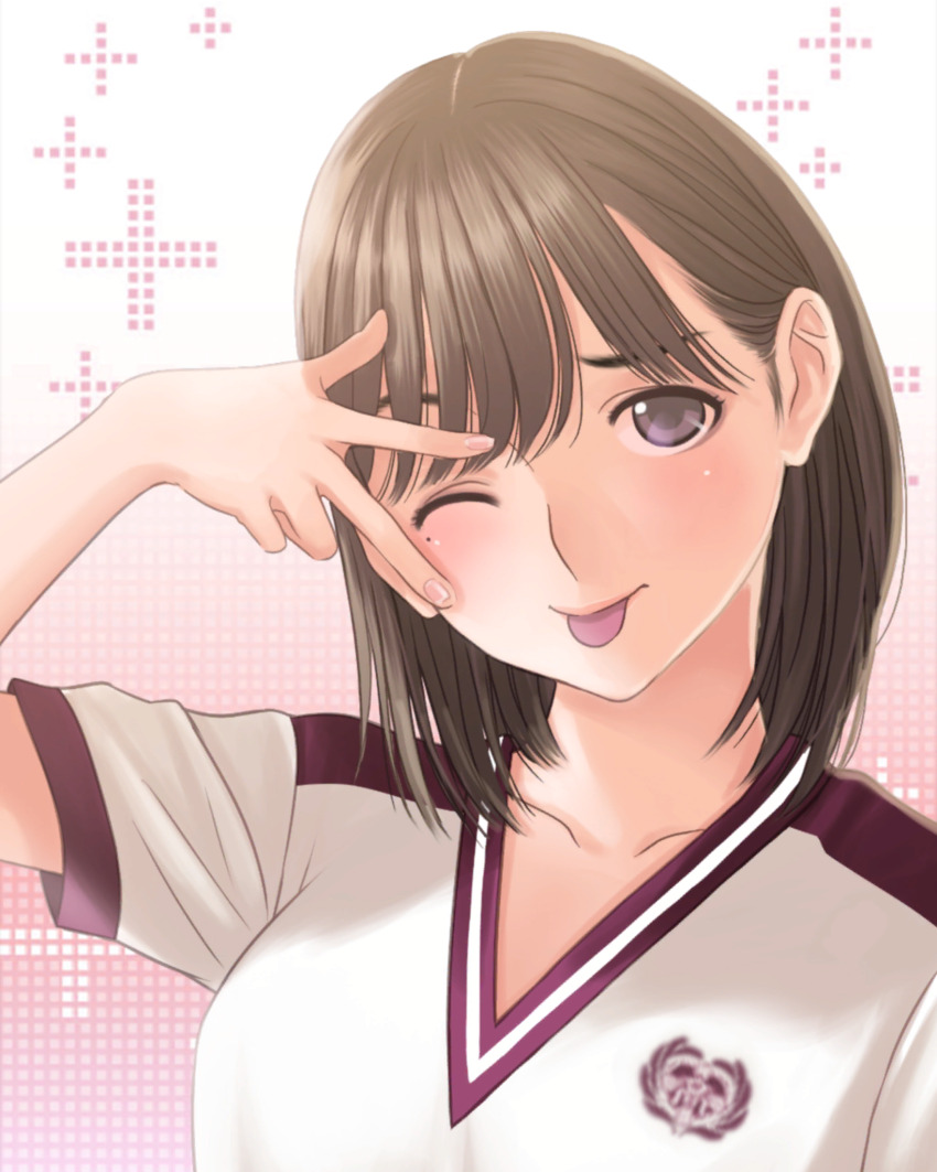 1girl ;p anegasaki_nene arm_up blush brown_hair collarbone gradient_background gym_uniform highres inward_w looking_at_viewer love_plus medium_hair mole mole_under_eye official_art one_eye_closed pink_background pink_lips plus_sign portrait purple_eyes solo tareme tongue tongue_out w w_over_eye