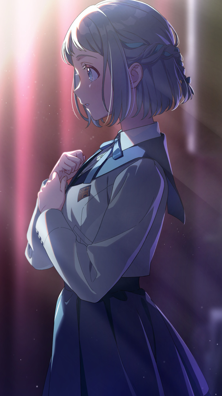 1girl blue_eyes blue_hair blue_skirt braid gakuen_idolmaster game_cg grey_hair idolmaster jacket katsuragi_lilja multicolored_hair neck_ribbon official_art pleated_skirt profile ribbon shirt skirt solo white_shirt