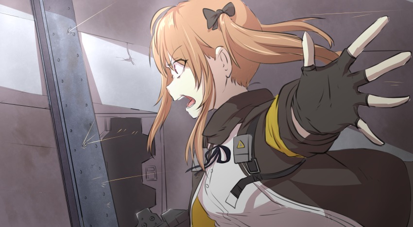 1girl absurdres bow female_focus fingerless_gloves from_side girls&#039;_frontline gloves hair_bow highres jacket light_brown_hair open_mouth outstretched_arm outstretched_hand profile ricocheting shirt shouting solo twintails ump9_(girls&#039;_frontline) white_shirt xiujia_yihuizi