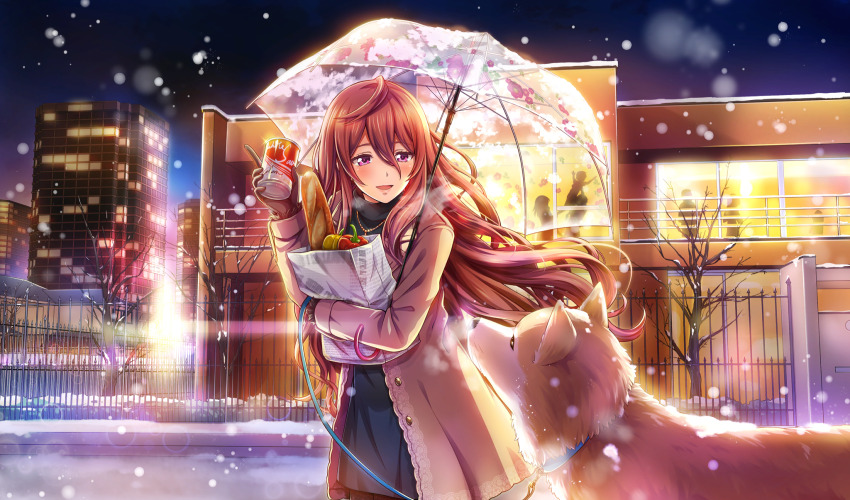 bag baguette bare_tree black_dress blurry bread brown_coat brown_gloves can cinderella_series coat depth_of_field dress food game_cg gloves hachigatsu_no_cinderella_nine hair_between_eyes highres holding holding_bag holding_can holding_umbrella honjo_chikage long_hair long_sleeves looking_at_animal night non-web_source official_art open_clothes open_coat open_mouth outdoors purple_eyes purple_hair road shiba_inu snowing street transparent transparent_umbrella tree umbrella very_long_hair walking wavy_hair winter winter_clothes winter_gloves