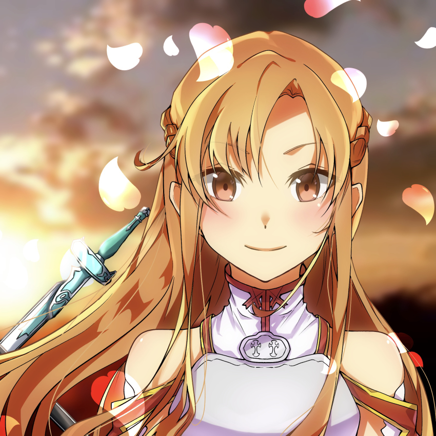 1girl armor asuna_(sao) braid breastplate brown_eyes brown_hair closed_mouth floating_hair french_braid hair_between_eyes hair_intakes highres long_hair looking_at_viewer portrait sarasara_shoyu sheath sheathed smile solo sword sword_art_online turtleneck very_long_hair weapon