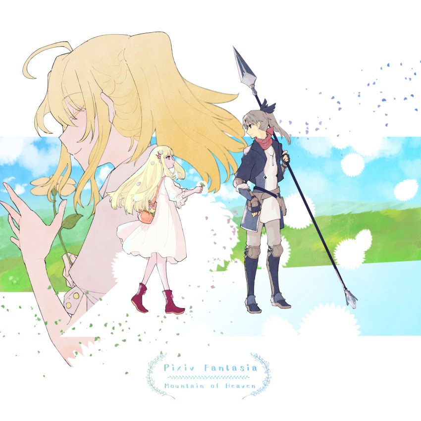 1boy 1girl black_gloves blonde_hair boots closed_eyes eye_contact fingerless_gloves flower freu_wanderung gloves grey_hair highres holding holding_flower holding_polearm holding_weapon jacket long_hair looking_at_another michelle_carnation multiple_views pixiv_fantasia pixiv_fantasia_mountain_of_heaven polearm pouch red_eyes red_footwear sin_0630pf spear weapon