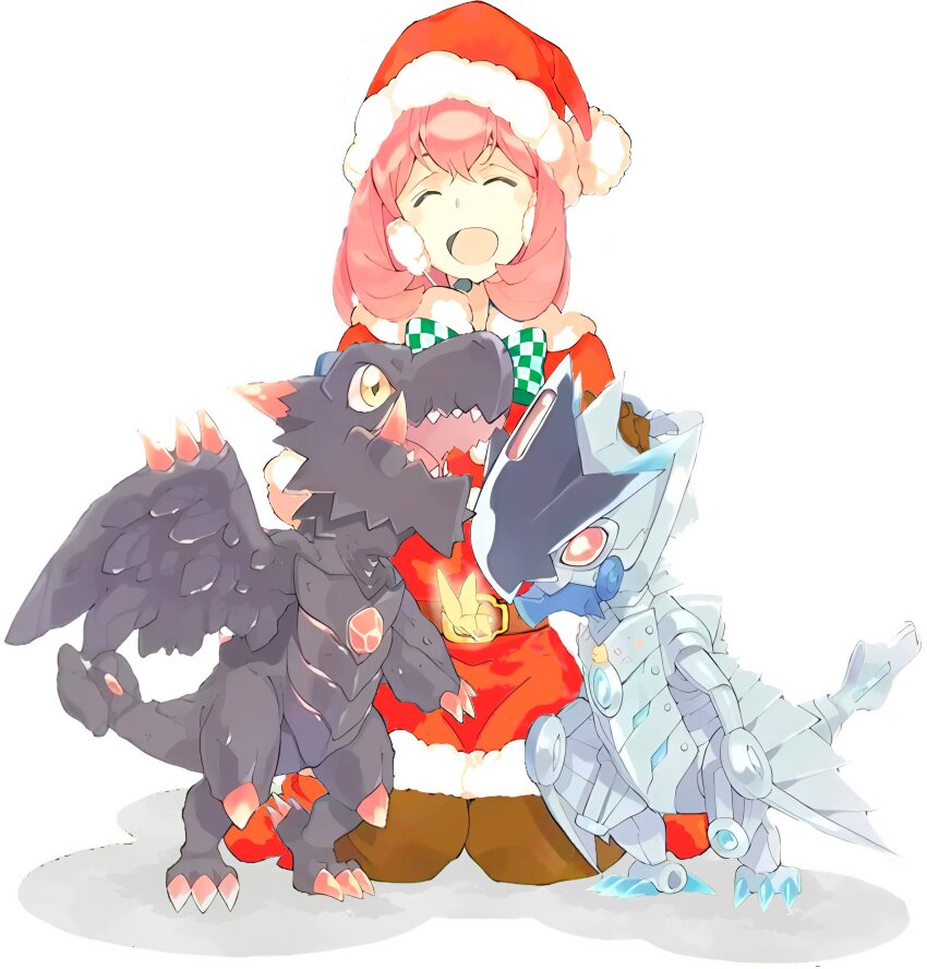 christmas closed_eyes digimon digimon_linkz dragon happy highres jazamon kurihara_hina open_mouth sharp_teeth teeth vorvomon