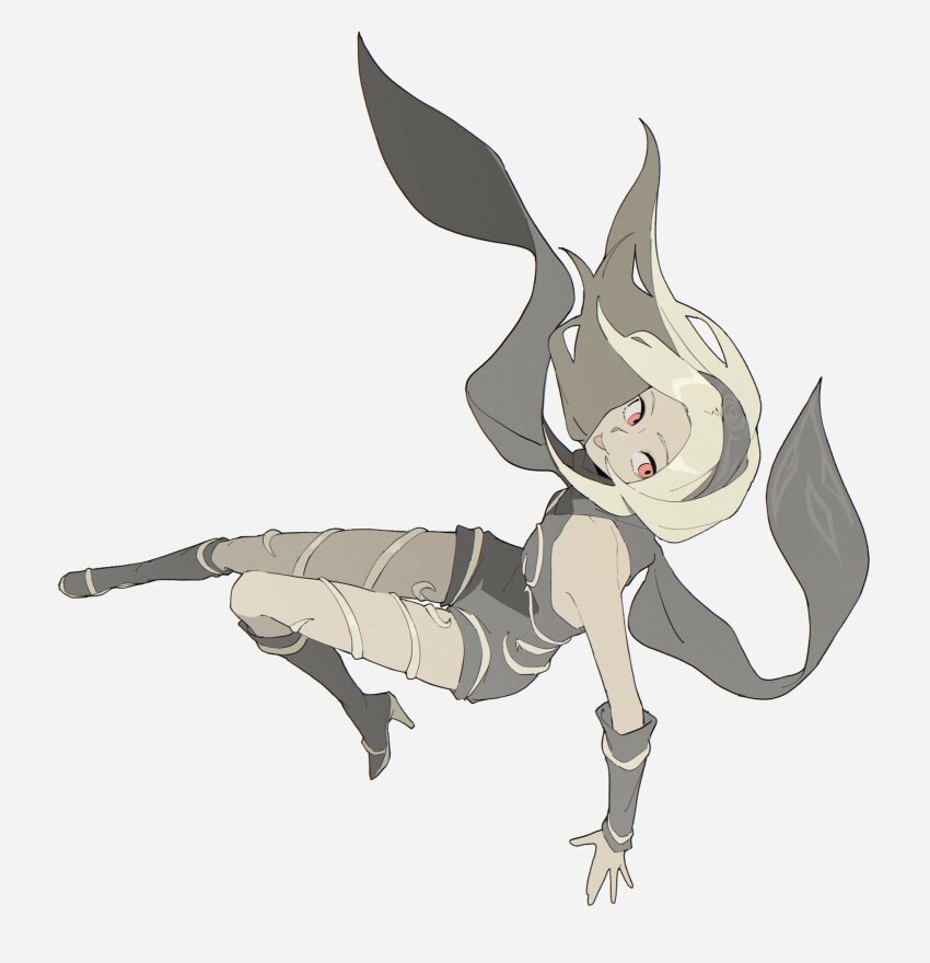 1girl :p arm_warmers blonde_hair breasts eyeliner film_grain floating floating_clothes full_body gravity_daze grey_arm_warmers grey_background grey_hairband grey_jumpsuit grey_scarf grey_socks hairband high_heels highres jewelry joosibi jumpsuit kitten_(gravity_daze) long_hair long_scarf looking_at_viewer makeup outstretched_arm red_eyes scarf sideways simple_background small_breasts socks solo thighlet tongue tongue_out