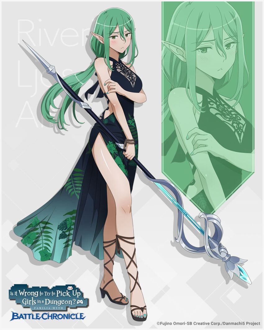 1girl bare_legs bare_shoulders black_dress blush bracelet dress dungeon_ni_deai_wo_motomeru_no_wa_machigatteiru_darou_ka elf english_text full_body green_eyes green_hair high_heels highres holding holding_staff jewelry nail_polish official_art pointy_ears riveria_ljos_alf staff swimsuit