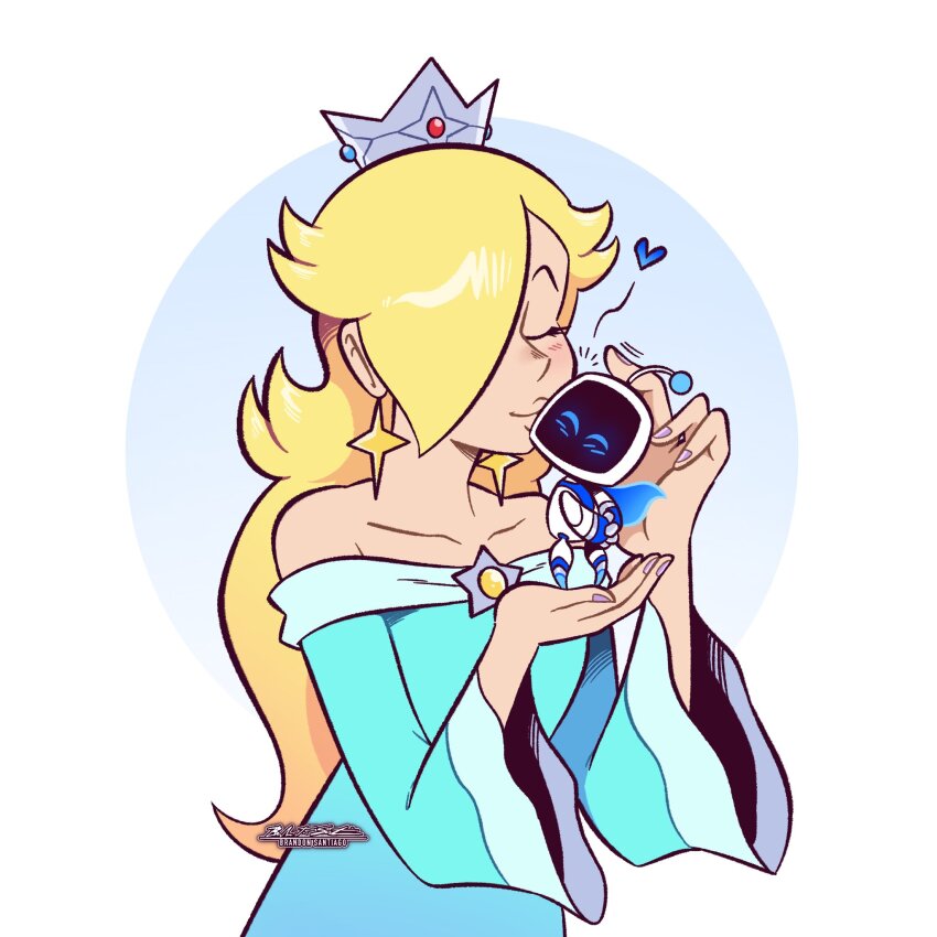 1girl astro_bot_(series) blonde_hair blue_dress brandon_santiago captain_astro closed_eyes collarbone crossover crown dress hair_over_one_eye heart highres kiss mario_(series) nintendo rosalina super_mario_galaxy wide_sleeves