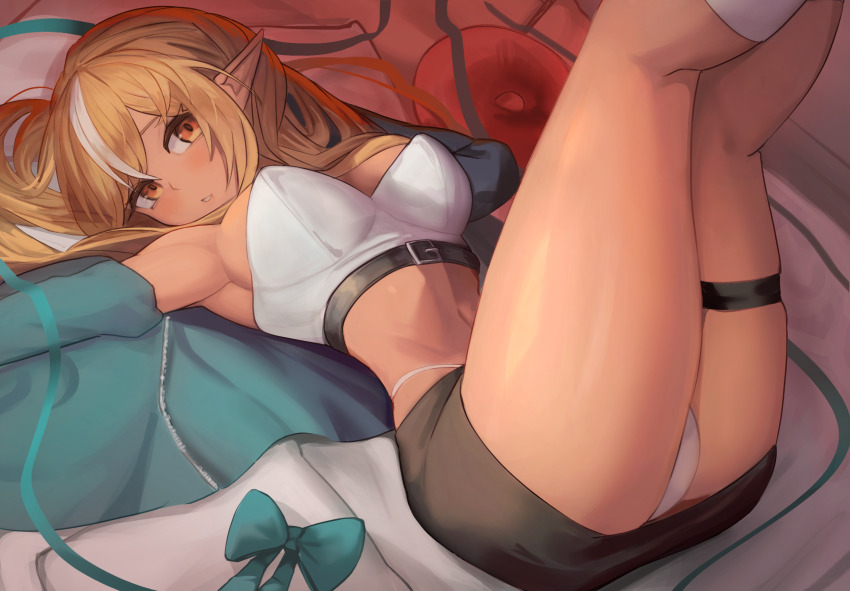 1girl absurdres aqua_bow aqua_jacket black_skirt blonde_hair bow breasts chest_belt commentary crop_top crossed_bangs dark-skinned_female dark_elf dark_skin elf english_commentary feet_out_of_frame hair_between_eyes highleg highleg_panties highres hololive jacket katsu_(katsuslider) large_breasts legs_up long_hair looking_at_viewer lying multicolored_hair navel on_back panties parted_lips pencil_skirt pointy_ears red_eyes shiranui_flare shirt skindentation skirt solo strapless strapless_shirt streaked_hair thick_thighs thigh_strap thighs underwear unworn_bow virtual_youtuber white_hair white_panties white_shirt