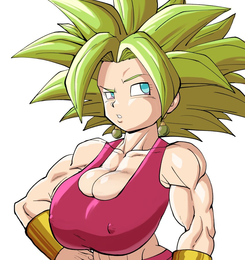 1girl absurdres alternate_breast_size bare_arms bare_shoulders blue_eyes breasts covered_erect_nipples dragon_ball dragon_ball_super earrings fusion gold_vambraces hand_on_own_hip highres jewelry kefla_(dragon_ball) legendary_super_saiyan leggings long_hair looking_to_the_side muscular muscular_female open_mouth pink_leggings pink_sports_bra potara_earrings pseudocel saiyan shiny_skin side-eyed spiked_hair sports_bra stomach super_saiyan tight_top upper_body white_background