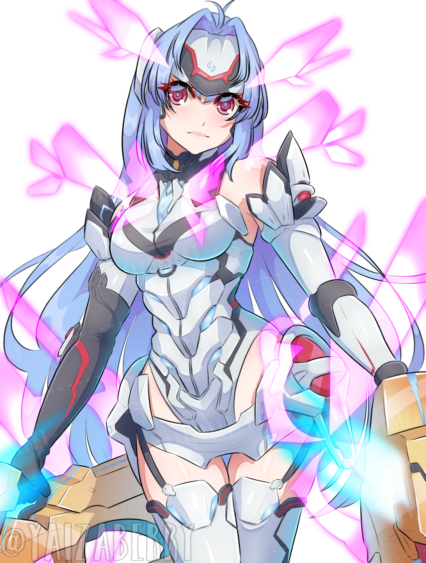 1girl armor bare_shoulders blue_hair breasts bug butterfly cowboy_shot headgear highres insect kos-mos kos-mos_re: long_hair medium_breasts purple_eyes simple_background solo white_armor white_background xenoblade_chronicles_(series) xenoblade_chronicles_2 yaizaberry