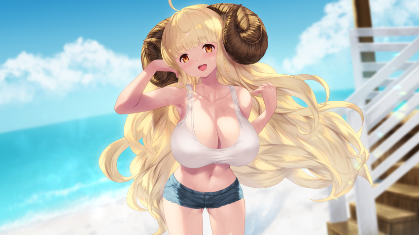 1girl ahoge anila_(granblue_fantasy) bare_shoulders beach blonde_hair blue_shorts blunt_bangs blush breasts cait_aron cleavage curled_horns denim denim_shorts draph granblue_fantasy highres horns large_breasts long_hair looking_at_viewer navel open_mouth orange_eyes sheep_horns shore short_eyebrows short_shorts shorts smile solo sports_bra stairs thick_eyebrows very_long_hair white_sports_bra