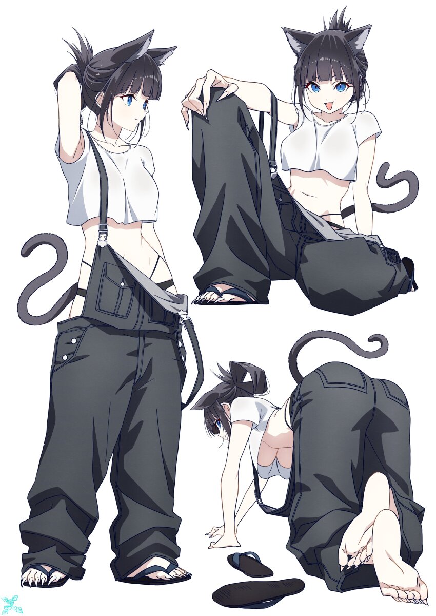 1girl absurdres all_fours animal_ears black_overalls black_panties black_pants blue_eyes breasts cat_ears cat_girl cat_tail closed_mouth flip-flops from_behind highres looking_at_viewer makicha_(sasurainopink) multiple_views navel open_mouth original overalls panties pants sandals shirt short_hair simple_background sitting smile soles standing tail toenails toes underboob underwear white_background white_shirt