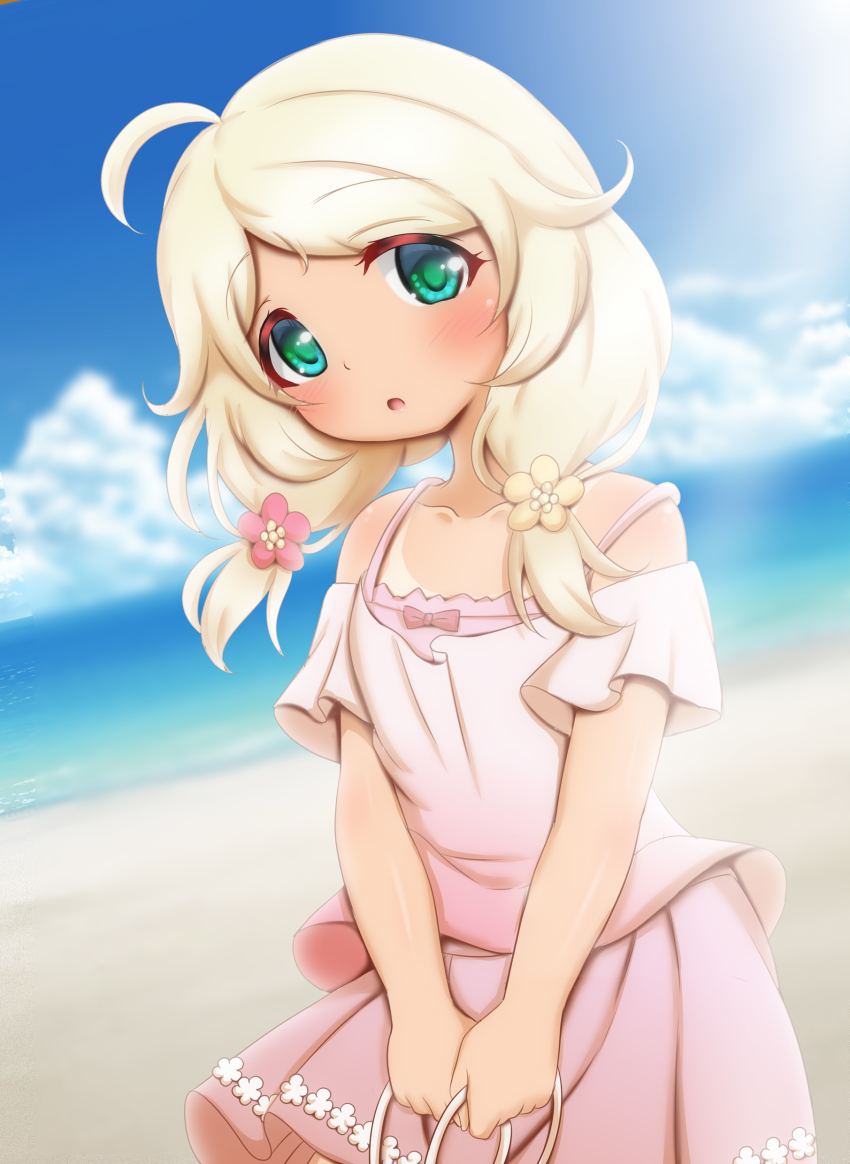 1girl absurdres ahoge beach blonde_hair blush child cloud commentary_request flower green_eyes hair_flower hair_ornament highres hosizora_mikoto idolmaster idolmaster_cinderella_girls long_hair looking_at_viewer low_twintails ocean one-piece_tan open_mouth outdoors pink_shirt pink_skirt shirt short_sleeves skirt sky solo tan tanline twintails v_arms yusa_kozue