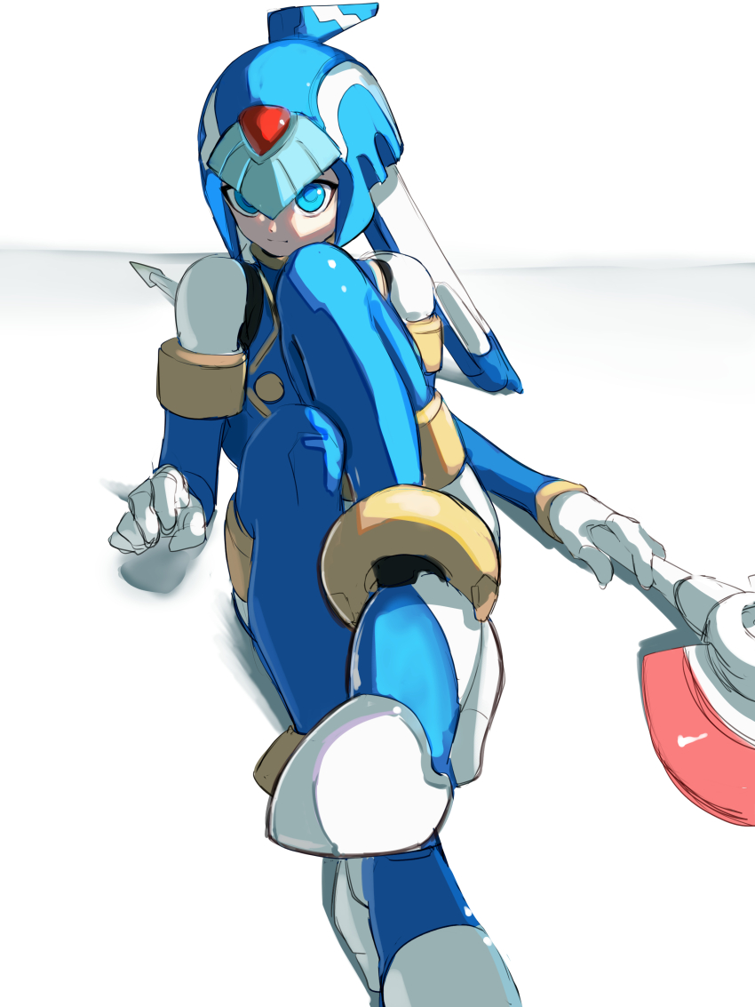 1girl absurdres armor blue_armor blue_eyes blue_helmet fairy_leviathan_(mega_man) helmet highres holding holding_polearm holding_weapon mega_man_(series) mega_man_zero_(series) omochi_(mochi_skymega) polearm robot_girl simple_background solo spear weapon white_background