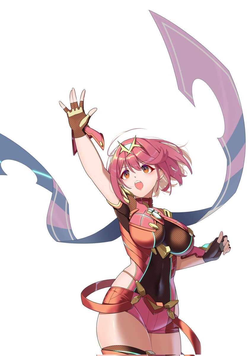 1girl arm_up black_gloves breasts commentary core_crystal_(xenoblade) covered_navel cowboy_shot fingerless_gloves gem gloves green_gemstone hehe_jun highres impossible_clothes large_breasts open_mouth pyra_(xenoblade) red_eyes red_hair red_shorts red_thighhighs short_hair short_shorts shorts simple_background solo suspenders_hanging teeth thighhighs tiara upper_teeth_only white_background xenoblade_chronicles_(series) xenoblade_chronicles_2