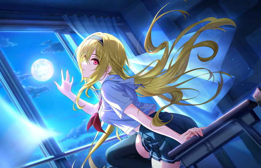 1girl black_thighhighs blonde_hair blue_skirt breasts classroom cloud curtains desk hair_between_eyes hair_over_eyes hairband idolmaster idolmaster_cinderella_girls idolmaster_cinderella_girls_starlight_stage indoors kurosaki_chitose long_hair looking_at_viewer medium_breasts neckerchief night night_sky official_art on_desk parted_lips pleated_skirt red_eyes red_neckerchief sailor_collar school_desk school_uniform serafuku shirt sidelocks sitting skirt sky solo summer_uniform thighhighs very_long_hair white_sailor_collar white_shirt wind window zettai_ryouiki