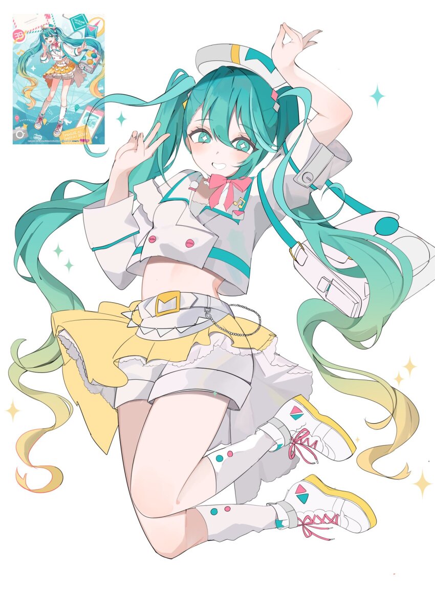 1girl aqua_eyes aqua_hair arm_up badge bag beamed_eighth_notes belt beret blonde_hair bow bowtie bright_pupils buttons chain commentary cropped_jacket double-breasted double_v envelope full_body gradient_hair grin hands_up hat hatsune_miku highres jacket legs_up long_hair looking_at_viewer magical_mirai_(vocaloid) magical_mirai_miku magical_mirai_miku_(2024) midair midriff miniskirt multicolored_hair musical_note ok_sign pink_bow pink_bowtie reference_inset shoes shorts shorts_under_skirt shoulder_bag skirt smile sneakers solo sparkle sparkling_aura sparkling_eyes twintails two-tone_hair v very_long_hair vocaloid waimoniku white_hat white_jacket white_shorts white_sneakers yellow_skirt