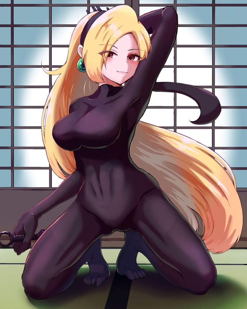 1girl blonde_hair bodystocking bodysuit breasts covered_navel dagger earrings feet full_body groin hairband highres holding holding_knife jewelry knife kunoichi_(live_a_live) large_breasts live_a_live long_hair looking_at_viewer skin_tight smile solo togenomaru very_long_hair weapon