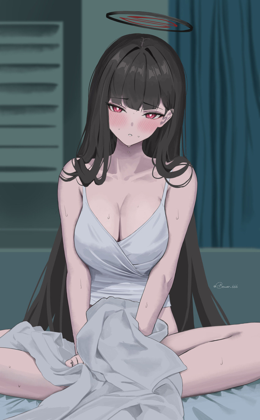 1girl absurdres alternate_costume artist_name bed_sheet black_hair black_halo blue_archive blush breasts breasts_squeezed_together camisole cleavage collarbone commentary crop_top dubeaduver halo head_tilt highres indian_style indoors large_breasts long_hair looking_at_viewer on_bed red_eyes rio_(blue_archive) simple_background sitting solo sweat very_long_hair white_camisole