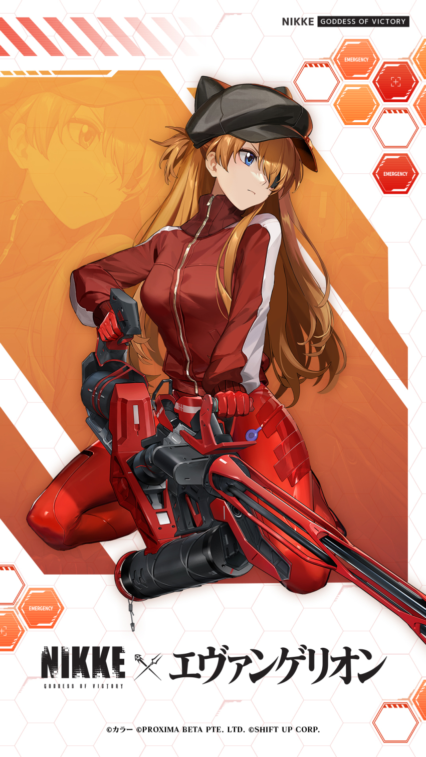 1girl artist_request blue_eyes bodysuit breasts closed_mouth commentary english_commentary eyepatch frown full_body gatling_gun goddess_of_victory:_nikke gun hair_over_one_eye highres holding holding_gun holding_weapon jacket kneeling long_hair long_sleeves medium_breasts minigun neon_genesis_evangelion official_art orange_hair rebuild_of_evangelion red_bodysuit solo souryuu_asuka_langley squatting turtleneck turtleneck_jacket weapon zipper zipper_pull_tab