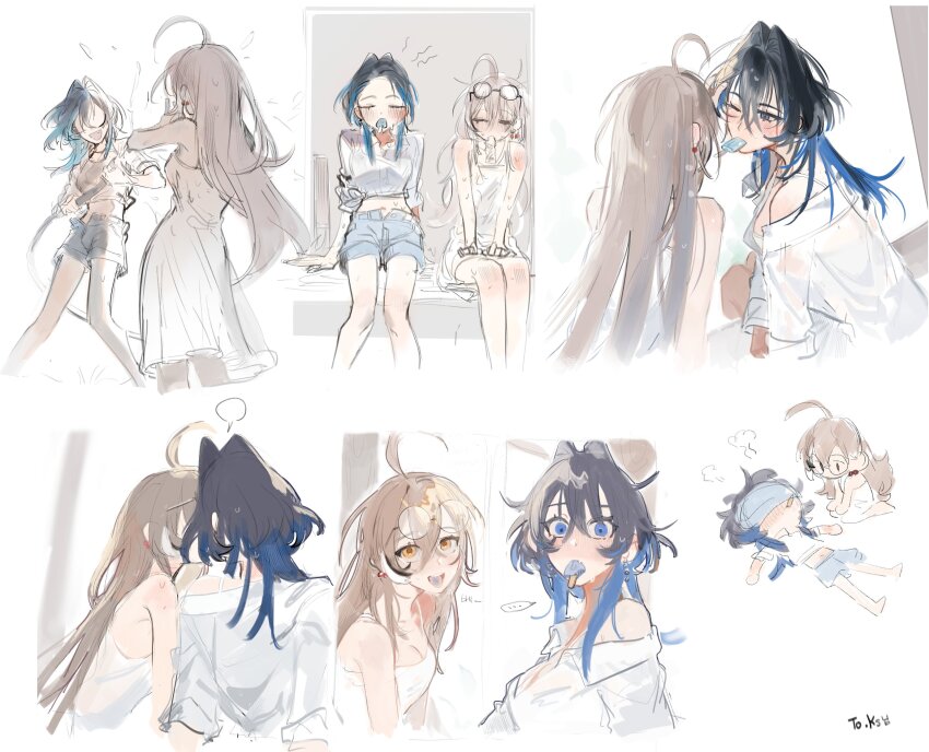 ... 2girls black_hair blank_speech_bubble blue_hair blue_shorts blue_tongue blush breasts brown_hair cleavage closed_eyes colored_tongue commentary denim denim_shorts dress earrings english_commentary eus_ing eyewear_on_head food food_in_mouth glasses hair_intakes highres holding holding_hose hololive hololive_english hose jewelry kiss long_hair multicolored_hair multiple_girls nanashi_mumei off_shoulder ouro_kronii popsicle popsicle_in_mouth shirt shorts simple_background sleeves_rolled_up speech_bubble spoken_ellipsis spraying streaked_hair sweat virtual_youtuber white_background white_dress white_shirt yellow_eyes yuri