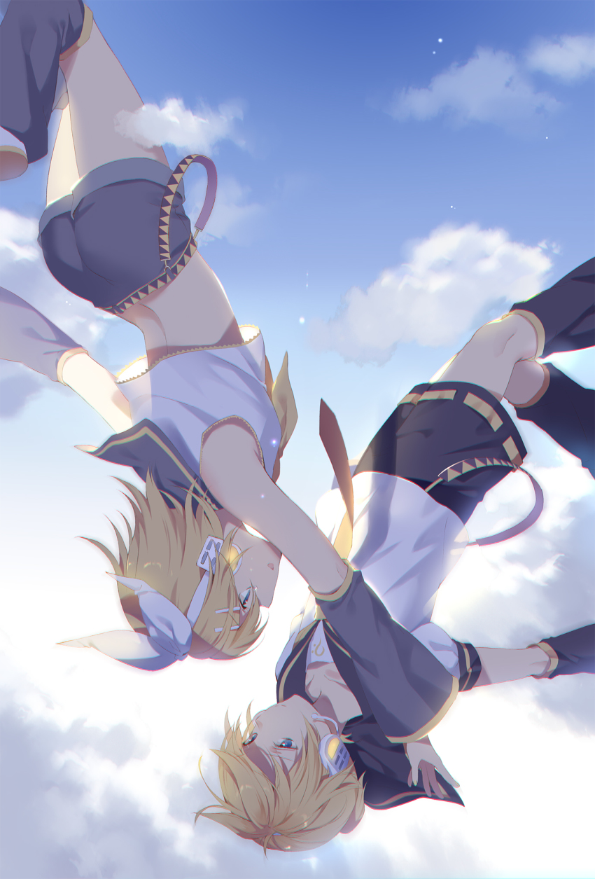 1boy 1girl bare_shoulders bass_clef black_collar black_shorts blonde_hair blue_eyes blue_sky bow brother_and_sister cloud collar commentary crop_top day detached_sleeves falling grey_collar grey_shorts hair_bow hair_ornament hairclip headphones headset highres hmniao kagamine_len kagamine_rin leg_warmers looking_at_another nail_polish neckerchief necktie outstretched_arm sailor_collar school_uniform shirt short_hair short_ponytail short_shorts short_sleeves shorts siblings sidelighting sky star_(sky) swept_bangs twins upside-down vocaloid white_bow white_shirt yellow_nails yellow_neckerchief