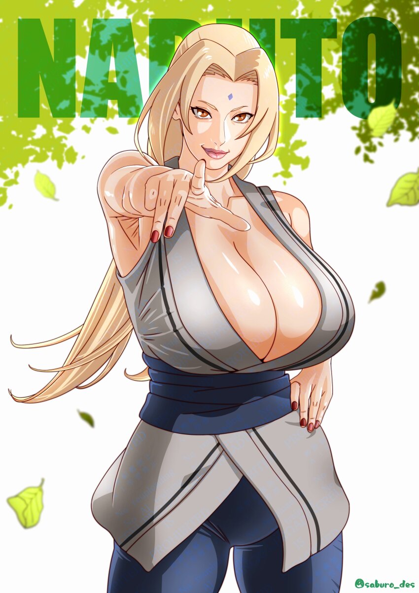 1girl absurdres armpits black_pants blonde_hair breasts brown_eyes cleavage collarbone cowboy_shot facial_mark falling_leaves forehead_mark hand_on_own_hip highres large_breasts leaf long_hair looking_at_viewer low_twintails naruto naruto_(series) pants parted_bangs pointing pointing_at_viewer red_nails saburo_des sanpaku sash sleeveless smile tsunade_(naruto) twintails twitter_username waist_sash white_background