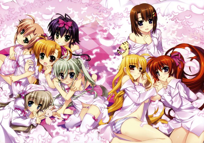 10s absurdres asteion bottomless child corona_timir dress_shirt einhard_stratos fate_testarossa fujima_takuya heterochromia highres lyrical_nanoha mahou_shoujo_lyrical_nanoha mahou_shoujo_lyrical_nanoha_vivid miura_rinaldi official_art pajamas panties rio_wezley sacred_heart shirt striped_clothes striped_panties takamachi_nanoha thighhighs underwear vivio yagami_hayate yuri