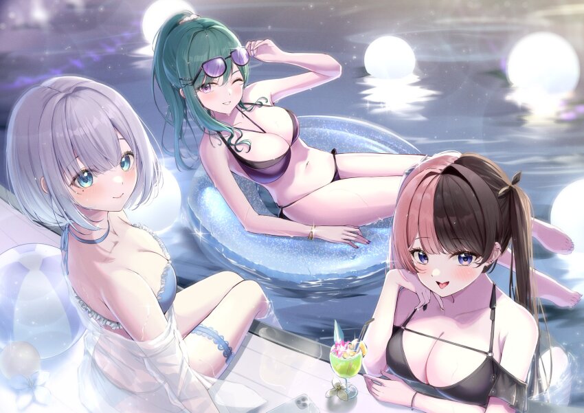 3girls ball bare_shoulders beachball black_hair blue_eyes breasts brown_hair cleavage cup drinking_glass ear_piercing frills green_hair grey_hair hair_ornament highres horo_27 iris_black_games jewelry kaga_sumire large_breasts long_hair looking_at_viewer lupinus_virtual_games medium_breasts medium_hair mole mole_under_eye multicolored_hair multiple_girls one_eye_closed open_mouth piercing pink_hair ponytail pool smile split-color_hair sunglasses swept_bangs swim_ring swimsuit tachibana_hinano_(vtuber) thick_eyelashes two-tone_hair virtual_youtuber vspo! wine_glass yakumo_beni