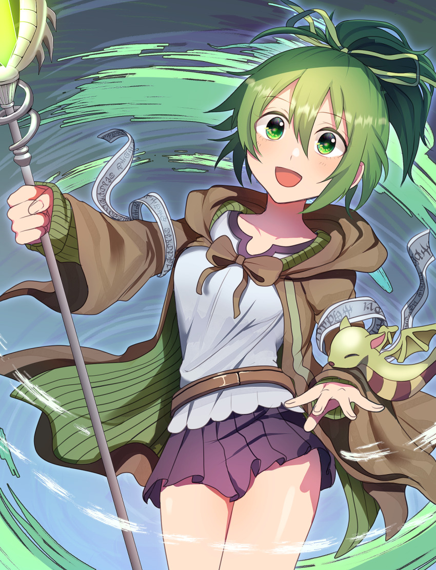 1girl breasts brown_robe collarbone crystal dragon duel_monster familiar-possessed_-_wynn green_eyes green_hair green_ribbon hair_ribbon happy highres holding holding_staff looking_at_viewer medium_breasts medium_hair miniskirt open_mouth petit_dragon pinyata_(pinyaland) ponytail ribbon robe skirt solo staff wind wynn_(yu-gi-oh!) wynn_the_wind_charmer yu-gi-oh!