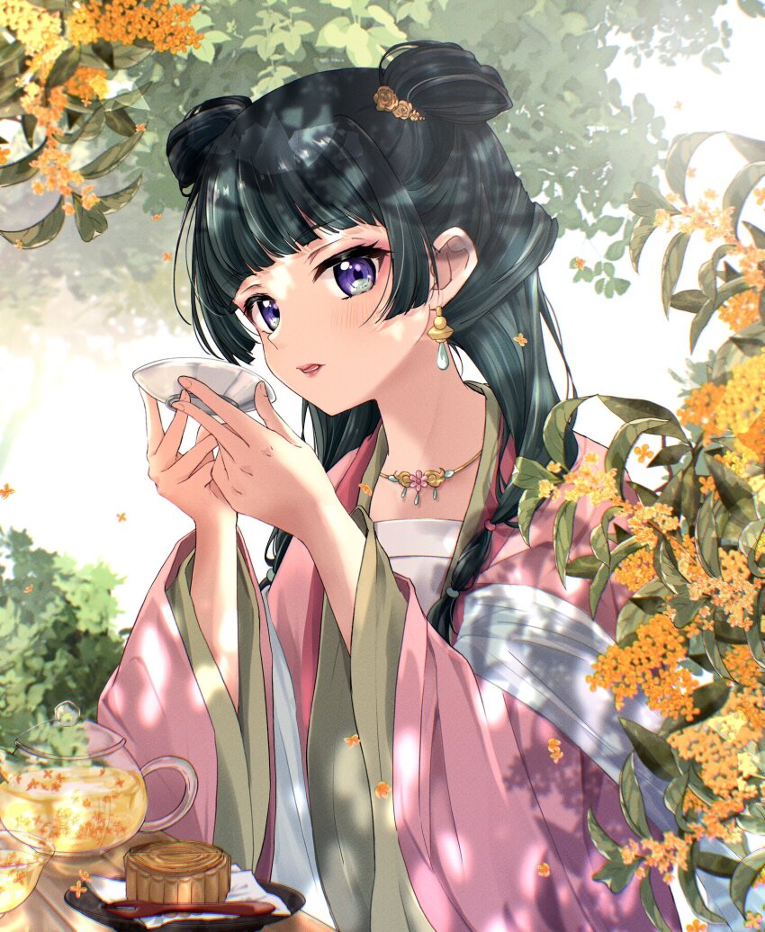 1girl blue_eyes blunt_bangs chinese_clothes commentary_request double_bun duijin_ruqun earrings eyeshadow flower flower_hairpin glass_teapot hair_bun hands_up hanfu highres jewelry kusuriya_no_hitorigoto leaf light_blush lipstick long_hair long_sleeves looking_at_viewer makeup maomao_(kusuriya_no_hitorigoto) mooncake necklace official_alternate_costume omichi_1219 parted_lips pink_eyeshadow pink_hanfu plant plate sidelocks solo teapot wide_sleeves yellow_flower