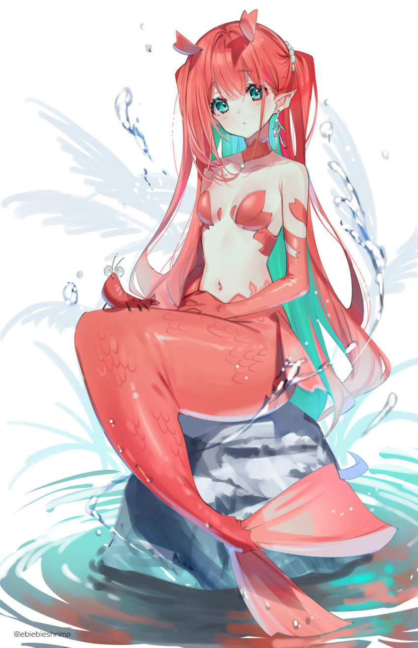 1girl :o antennae aqua_eyes blush breasts earrings elbow_gloves gloves highres interlocked_fingers jewelry long_hair looking_at_viewer medium_breasts navel original own_hands_together red_gloves red_hair rock scales shrimp shrimp_girl shrimp_tail shuri_(84k) sitting solo splashing twintails very_long_hair water_drop