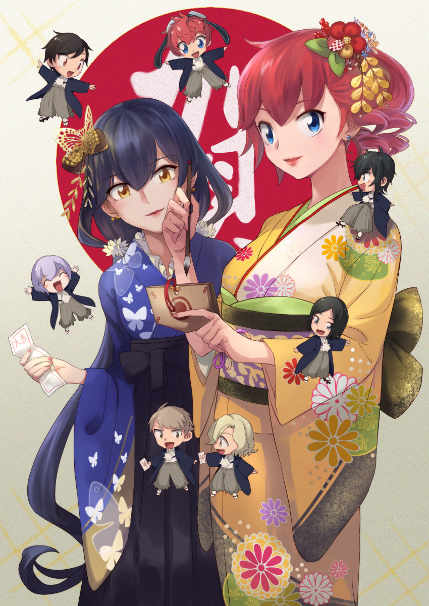 2girls 6+boys absurdres aiba_ami aiba_takumi amasawa_keisuke black_hair blue_eyes brown_eyes chibi digimon digimon_story:_cyber_sleuth digimon_story:_cyber_sleuth_hacker&#039;s_memory earrings highres imai_chitose japanese_clothes jewelry kamishiro_yuugo kimono long_hair mishima_erika mishima_ryuji multiple_boys multiple_girls new_year nogi_yu red_hair renge98 sanada_arata sanada_makomi short_hair side_ponytail tagme