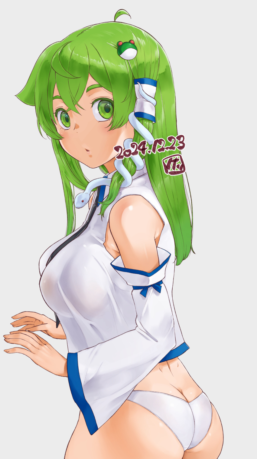 1girl ass back blush breasts butt_crack collared_shirt covered_erect_nipples cowboy_shot dated detached_sleeves expressionless frog_hair_ornament green_eyes green_hair hair_ornament hair_tubes highres kei_jiei kochiya_sanae large_breasts long_hair looking_at_viewer looking_to_the_side no_pants open_mouth panties shirt simple_background single_hair_tube sleeveless sleeveless_shirt snake_hair_ornament solo touhou underwear white_panties white_shirt white_sleeves