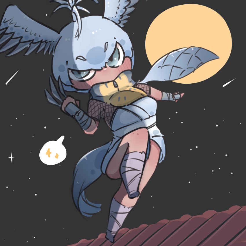 1girl belt bird_girl bird_tail bird_wings chai_chai_huishi dark-skinned_female dark_skin fishnet_top fishnets full_moon gauntlets green_eyes grey_hair grey_kimono grey_scarf hair_between_eyes head_wings highres japanese_clothes kemono_friends kimono knife leg_wrap moon night night_sky ninja obi rooftop sash scarf shoebill_(ex)_(kemono_friends) short_hair short_kimono short_sleeves sidelocks sky solo spoken_sparkle tail throwing_knife two-tone_scarf weapon white_belt wings yellow_scarf