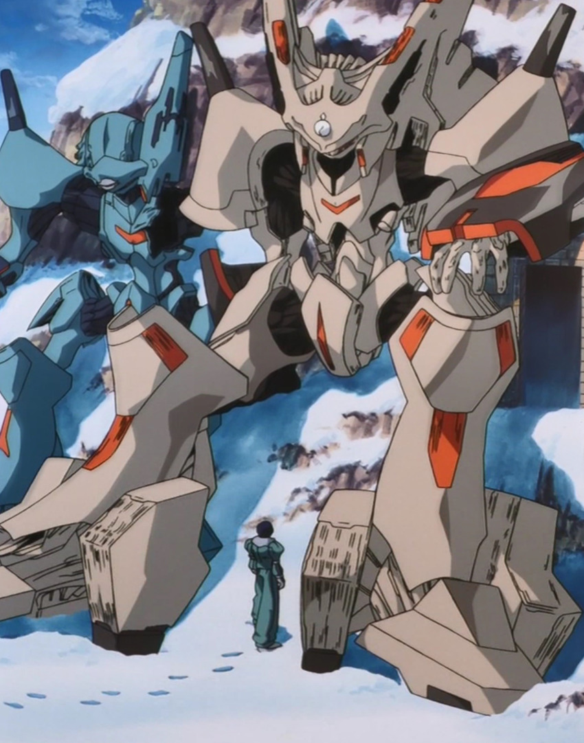 1990s_(style) 1boy battle_damage brain_powered highres isami_yuu mecha nagano_mamoru nelly_brain retro_artstyle robot snow stitched third-party_edit yuu_brain