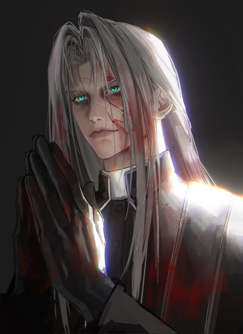 1boy alternate_costume alternate_universe black_gloves black_robe blood blood_on_clothes blood_on_face blue_eyes clerical_collar final_fantasy final_fantasy_vii gloves grey_hair highres long_hair long_sleeves male_focus parted_bangs praying priest robe sephiroth slit_pupils sxzz1597