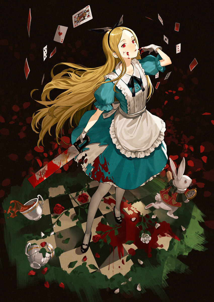 1girl ace_(playing_card) ace_of_hearts ace_of_spades alice_(alice_in_wonderland) alice_in_wonderland animal apron black_background black_bow black_bowtie black_footwear black_hairband blonde_hair blood blood_on_cheek blood_on_clothes bloody_weapon bow bowtie broken_cup buttons card checkered_floor clothed_animal collared_dress cup dress expressionless flower frilled_apron frilled_dress frilled_sleeves frills full_body glass_shards gloves hair_bow hairband heart highres holding holding_pocket_watch holding_weapon king_(playing_card) king_of_hearts_(playing_card) layered_dress long_hair looking_at_viewer mary_janes original pantyhose parted_lips petals playing_card pocket_watch pool_of_blood puffy_short_sleeves puffy_sleeves rabbit red_eyes red_flower red_rose red_shirt rose rose_petals saw shirt shoes short_sleeves solo spade_(shape) spill standing takenoko_(531) tea teacup torn_clothes torn_dress very_long_hair watch weapon white_apron white_flower white_gloves white_pantyhose white_rabbit_(alice_in_wonderland) white_rose