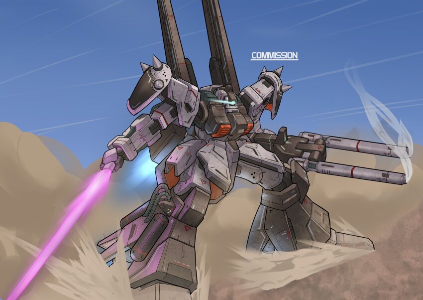 absurdres beam_rifle beam_saber blue_eyes blue_sky commentary commission day desert double_barrels dual_wielding energy_gun english_commentary eye_trail glowing glowing_eye gun gundam gundam_msv highres holding holding_gun holding_sword holding_weapon jellen_squish legs_apart light_trail mecha mecha_focus mobile_suit no_humans one-eyed outdoors rick_dias_ii robot sand science_fiction shoulder_spikes sky smoke smoking_barrel solo spikes sword weapon zeta_gundam