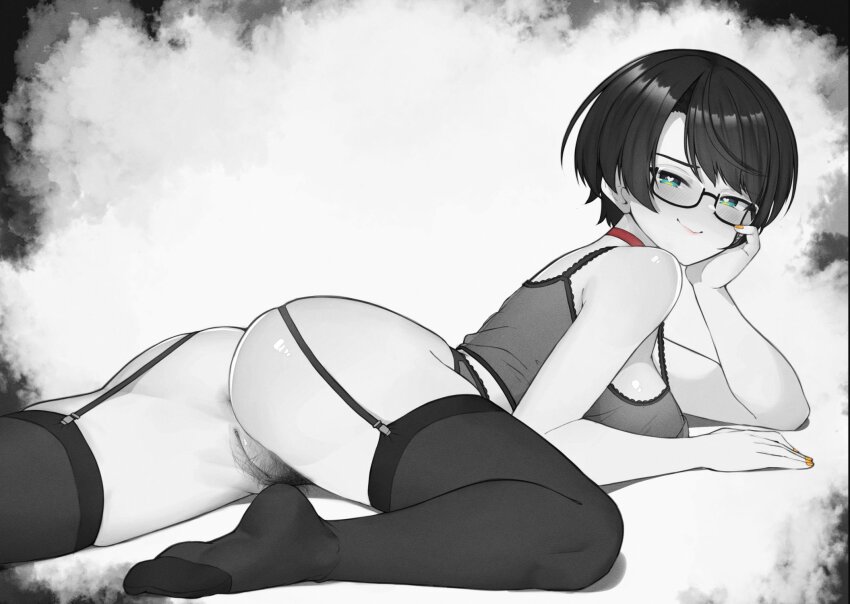 1girl anus ass black_hair black_thighhighs bottomless camisole choker cleft_of_venus closed_mouth female_pubic_hair glasses greyscale highres hololive looking_at_viewer lying monochrome nail_polish no_shoes oozora_subaru orange_nails pubic_hair pussy red_choker semi-rimless_eyewear short_hair smile solo spot_color swept_bangs thighhighs uncensored varniskarnis virtual_youtuber