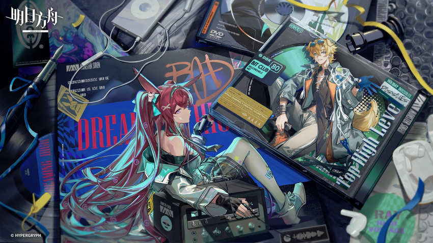 1boy 1girl album_cover animal_ears arknights blonde_hair board_game cd_case chess cover digital_media_player earphones eyewear_on_head gloves green_eyes hair_ornament highres ipod microphone official_alternate_costume official_art pen purple_eyes purple_hair ray_(arknights) ray_(dreaming_high)_(arknights) record ribbon sunglasses tail tequila_(arknights) tequila_(top_tier_live)_(arknights)