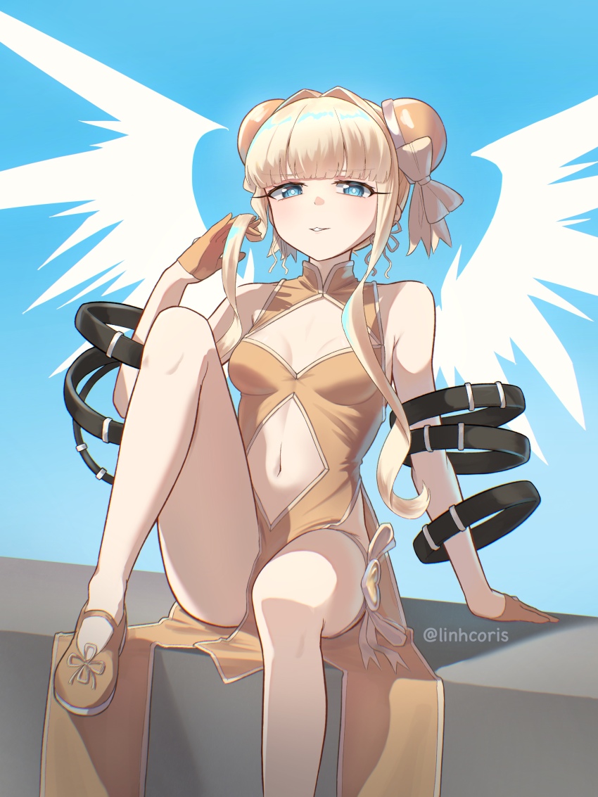 1girl absurdres angel_wings arm_support bare_arms bare_shoulders blonde_hair blue_background blue_eyes bow breasts bun_cover china_dress chinese_clothes cleavage_cutout clothing_cutout double_bun dress feathered_wings gloves hair_bow hair_bun hair_intakes hand_up hashtag-only_commentary heart-shaped_gem highres knee_up linhcoris long_dress long_hair looking_at_viewer magia_sulfur magia_sulfur_(la_verita) magical_girl mahou_shoujo_ni_akogarete medium_breasts navel pelvic_curtain shoes sitting sleeveless sleeveless_dress smile solo stomach_cutout tenkawa_kaoruko twitter_username white_wings wings yellow_bow yellow_dress yellow_footwear yellow_gemstone yellow_gloves