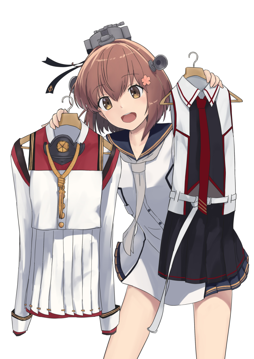 1girl binoculars blue_sailor_collar brown_eyes brown_hair cherry_blossoms clothes_hanger dress flower grey_neckerchief hair_flower hair_ornament headgear highres holding holding_clothes_hanger kantai_collection neckerchief open_mouth sailor_collar sailor_dress short_hair smile solo speaking_tube_headset white_dress yuki_4040 yukikaze_(kancolle) yukikaze_kai_ni_(kancolle)