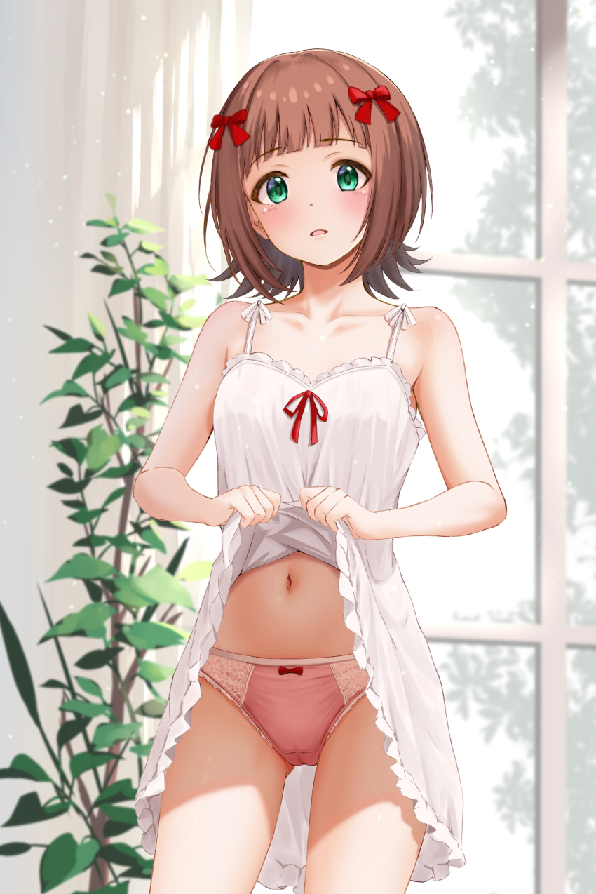 1girl :o absurdres amami_haruka bare_arms blunt_bangs blush bow bow_panties breasts brown_hair ca_paria cameltoe clothes_lift collarbone crotch_seam dress dress_lift hair_ribbon highres idolmaster idolmaster_(classic) idolmaster_million_live! indoors lifting_own_clothes looking_at_viewer navel panties pink_panties plant red_ribbon ribbon ribbon-trimmed_dress ribbon_trim short_hair sleeveless sleeveless_dress small_breasts solo stomach thighs underwear white_dress