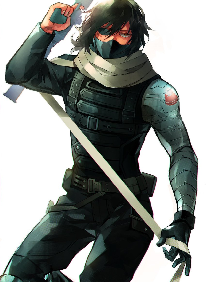 1boy armor belt black_hair boku_no_hero_academia cosplay aizawa_shota eyepatch finger_on_trigger gun hair_between_eyes highres holding holding_gun holding_weapon looking_at_viewer male_focus mask mechanical_arms scarf simple_background single_mechanical_arm solo tian_(den_z_z) weapon white_background white_scarf winter_soldier winter_soldier_(cosplay) yellow_eyes