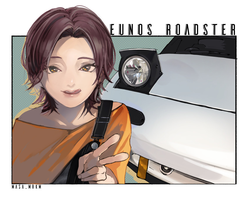 1girl absurdres artist_name bag brown_eyes brown_hair car eunos_roadster facing_viewer hand_up highres looking_at_viewer masa_(siriusu-koko) mazda mazda_mx-5 mazda_mx-5_na motor_vehicle orange_shirt original portrait shirt short_hair shoulder_bag solo tongue tongue_out upper_body v white_car