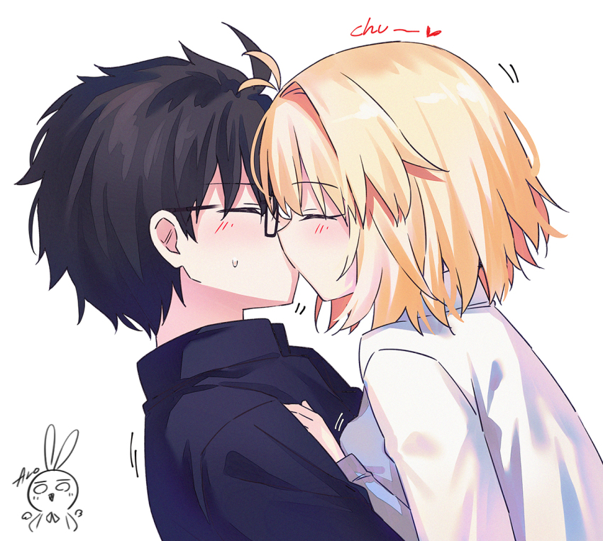 1boy 1girl ahoge arcueid_brunestud aro_1801 black_hair black_jacket blonde_hair blush closed_eyes commentary_request couple glasses hetero jacket kiss short_hair simple_background sweater tohno_shiki tsukihime tsukihime_(remake) upper_body vampire white_background white_sweater